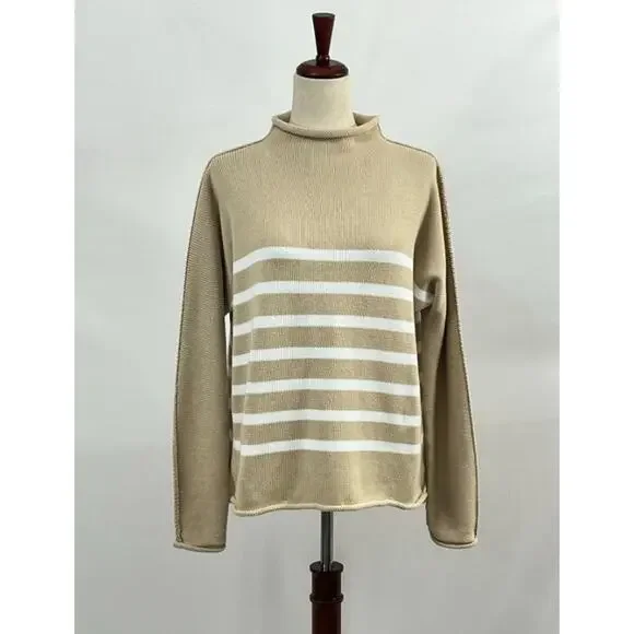 FRANK & EILEEN Sz S Small Tan White Stripe Monterey Roll Neck Sweater